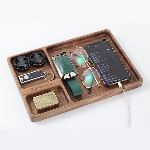 SEEDWAVE Best Dad Ever Valet Tray - Walnut Wood Nightstand Organizer for Men Women, Catch All Tray for Phone Jewelry Cologne Key, for New Dad