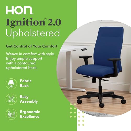 Image of HON Ignition 2.0 Ergonomic Office Chair with Adjustable Arms, Standard Synchro‑Tilt Recline, Upholstered Desk and Computer Chair for Home Office or Workstation, Black Frame, Indigo
