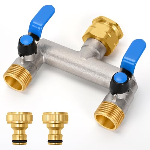 Wasserverteiler 2Fach, Durchflussstarker Wasserverteiler 2 Wege, Garten Verteiler mit zwei blauen Verlängerungsgriffen aus Edelstahl 304, 1 Zoll Adapter für Haus, Hof/Waschmaschine (Großer Strom)