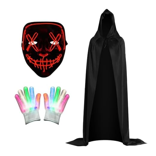 Brightown Halloween-Costume-for-Boys 3 Set, Hooded Cloak with Light Up Scary LED Masks & Skeleton Gloves, 3 Modes Purge Mask Multicolor LED Glowing Gloves, Teen Boys Halloween Costumes