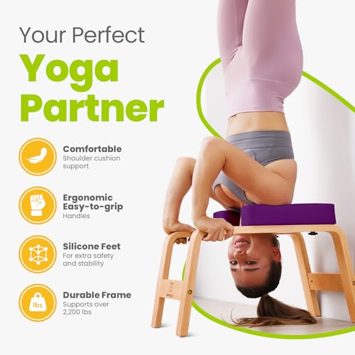 Image of Yoga Headstand Bench, Stand Yoga Chair for Balance Training, Core Strength Building, Upside Down Chair for Relaxation, Handstand Trainer Inversion Chair for Home Gym (Wood Purple)