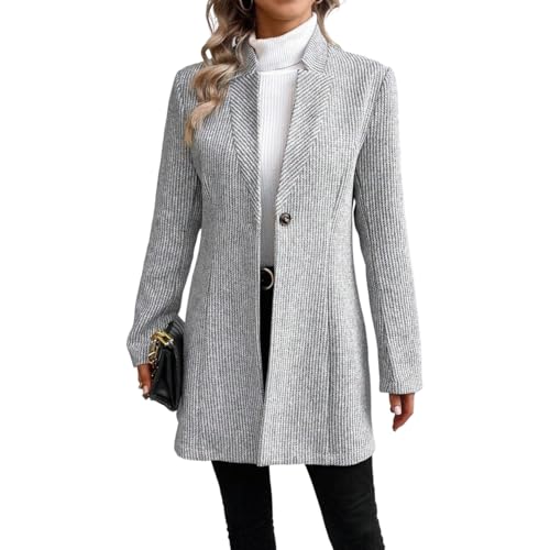 Chic Grey Button Long Sleeve Collarless Jacket For Women - Perfect For Fall - Stylish Trench Coat & Blazer Jackets For Women