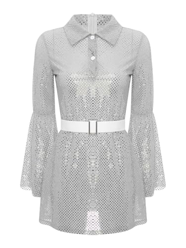 Miutii Disfarce de discoteca para mulher dos anos 60 e 70, com lantejoulas, vestido de camisa, vestido de blusa, vestido de baile, carnaval, hippie, Prata, L
