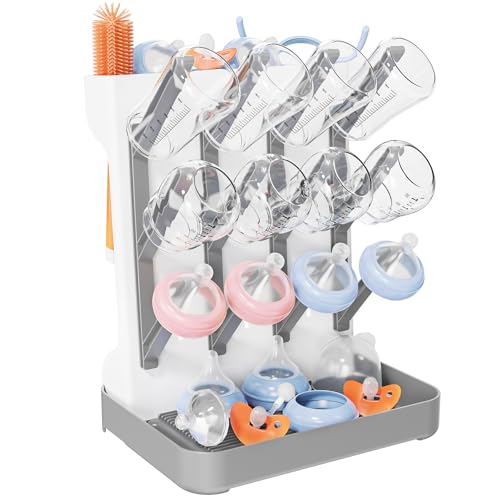 Baby Bottle Drying Rack, Vertical Bottles Dryer Holder Space Saving Standing Bottle Drying Rack for Countertop Kitchen Organize Bottles & Baby Accessories Brushes Pacifiers and Pump Part (Grey)
