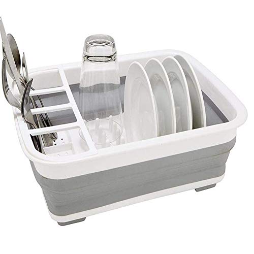 TPR - Escurreplatos plegable de plástico con bandeja, ahorro de espacio, cesta de almacenamiento para utensilios de cocina, organizador de platos, soporte plegable para cubiertos y almacenam