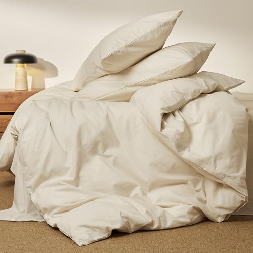 Image of mixinni 3 Piece Washed Cotton Linen Blend Duvet Cover Set King Size, Soft Breathable Farmhouse Beige Neutral Solid Duvet Cover with Natural Linen Texture, 104x90 inches with 2 Pillowcases