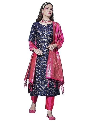 Image of VredeVogel Women's Cotton Silk Jacquard Kurta Pant Set with Banarasi Woven Self Designed Dupatta