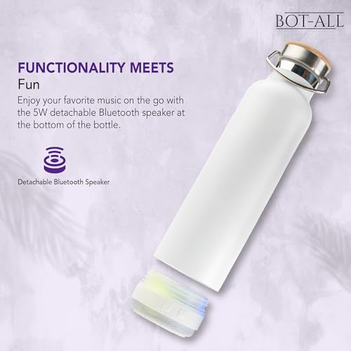 Image of BOT-All Groov White Premium Stainless Steel Bottle with Bamboo Lid - 600ml, Eco-Friendly & Rust-Resistant, 10-Hour Temperature Retention, with 5W Detachable Bluetooth Speaker