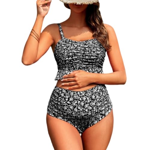 KINLYBO Bikini de maternidad de cintura alta, 2 piezas, estampado vitality, traje de baño de bikini doblado, Negro, L