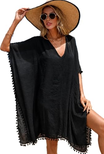 Beach Cover Up Women Blac Bikini Cover Up Kaftan Kimono Shirt Short Sleeves Knit Dress Sheer Swimsuit Bikini Cover Ups for Women Loose Summer Swimwear Tunic Knee Length Plus Size Resort Vacation Black