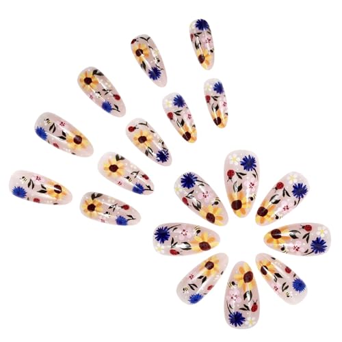 Uñas postizas cortas de almendra con diseño de flores, cobertura completa, 24 unidades, para Acción de Gracias