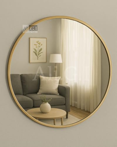 Image of Round Wall Mirror in Gold I Metal Frame Mirror I Modern Metal Frame Mirror in Small Size I Bathroom Wash Basin, Bedroom, Drawing Room (Gold, 18 inch)