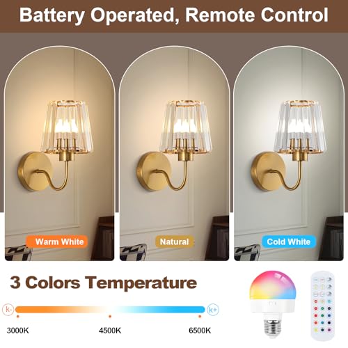 Image of EIDISUNY Crystal Battery Operated Wall Sconces, Set of 2, Gold | Wireless, RGB Rechargeable Dimmable, Vintage, Bedroom Living Room Hallway, Bulbs Included