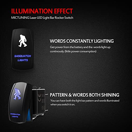 MICTUNING Laser Blue Rocker Switch SASQUATCH Light Bar 20A 12V On/Off LED Light Wiring Kit