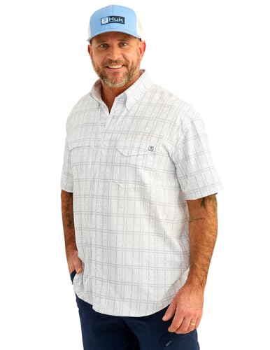 HUK mens Tide Point Pattern Short Sleeve Shirt, Fishing Button Down