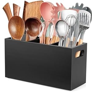 ALELION Black Kitchen Utensil Holder for Countertop – Wooden Large Utensil Caddy Organizer for Counter – 3 Compartment Cooking Utensil Crock for Silverware Spoon Spatula