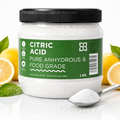 Citric Acid Food Grade by Savouri 1kg Jar Non-GMO Anhydrous No Additives Make Your Own Bath Bombs Sour Drinks Cooking and Household Cleaning 1kg Bucket 1000g