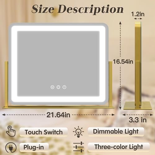 Image of ROLOVE Gold Vanity Mirror with Lights - Smart Touch Dimming, 3-Color Lighting, 360 Rotatable Desktop Makeup Mirror for Desk, 22 inchx17 inch