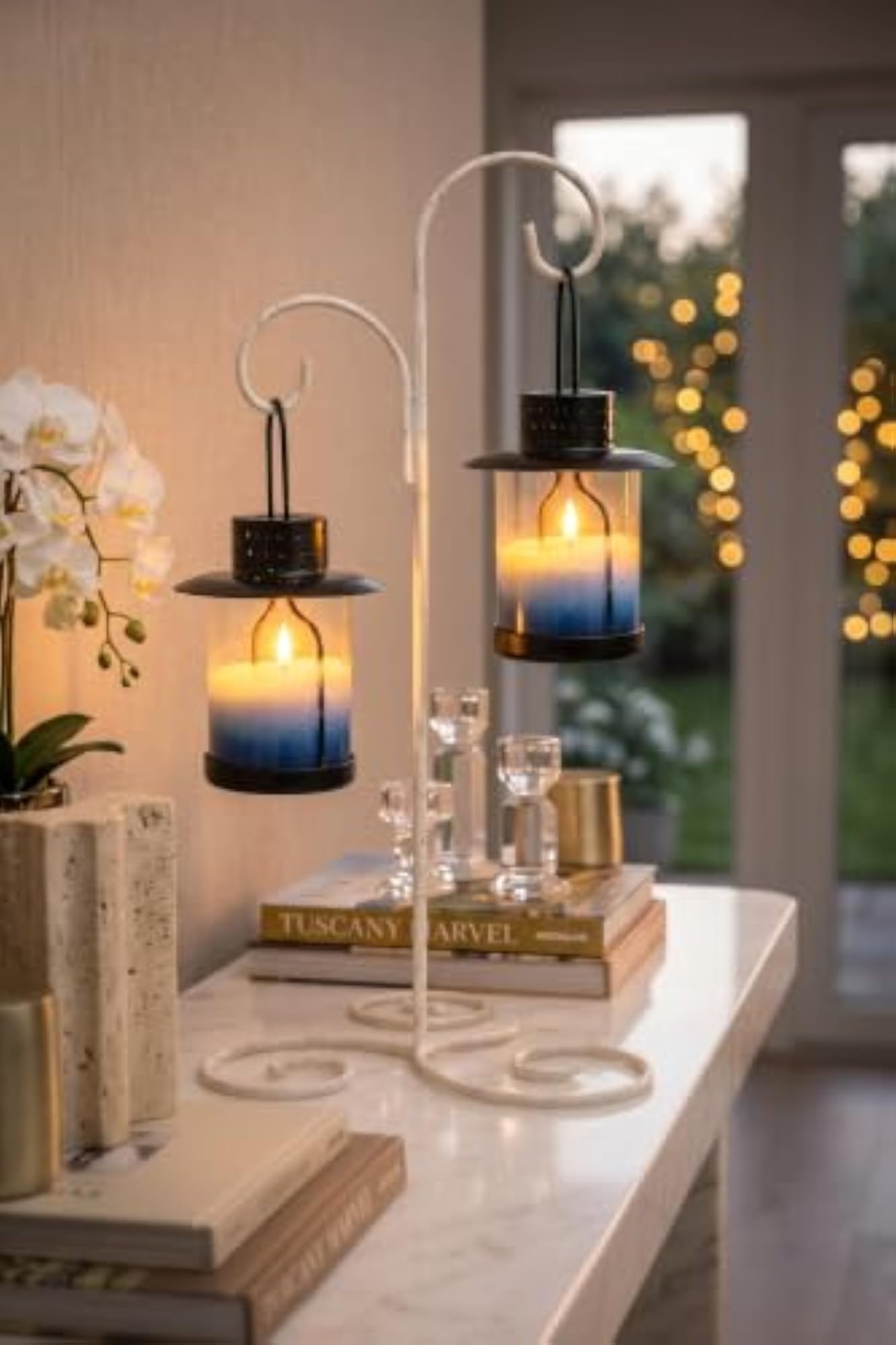 Decorative Double Hanging Lantern Hook Stand, White