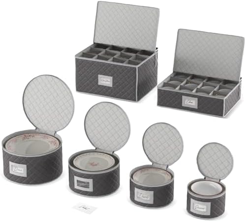 Woffit China Storage Containers - 6 Pack, Quilted Dinnerware & Stemware Set Bins for Packing Dishes and Glasses w/ 48 Felt Protectors - Christmas, Seasonal Storage