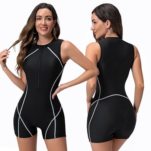 AnnSemo Womens Swimming Costume Modest Swimwear Boyleg One Piece Swimsuit Womens One Piece Rash Guard Zip Swimsuit Sleeveless Floral Print Swimwear for Water Sport Surf Short Wetsuit Built in Bra
