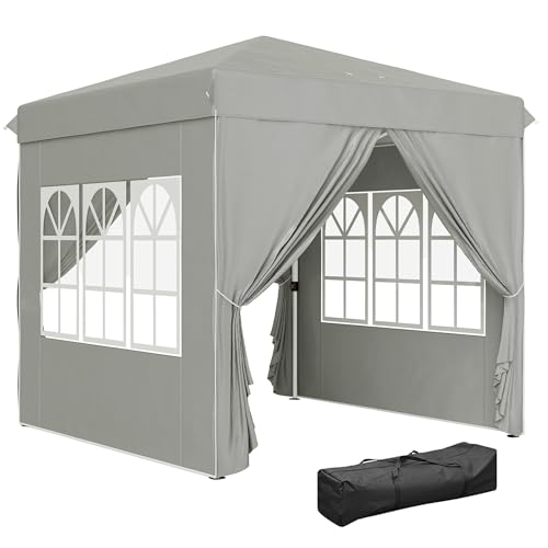 Outsunny Pavillon 2,5x2,5m, wasserabweisend Stabil Winterfest Pop-up Faltpavillon, UV Schutz 50+, Faltbar Partyzelt Gartenzelt mit 4 Seitenteilen Tasche Gartenpavillon für Camping Garten, Hellgrau