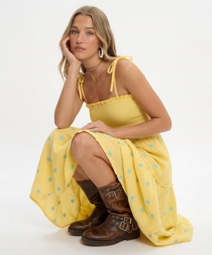 Image of Women Floral Embroidered Maxi Dress Boho Sleeveless Tie Strap Shoulder Dresses Smocked Summer Sundress with Pockets