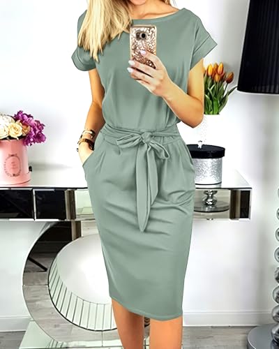 Image of PRETTYGARDEN Women's Summer Short Sleeve Crewneck Striped Dress Basic Solid Tie Waist Office T Shirt Dresses Pockets