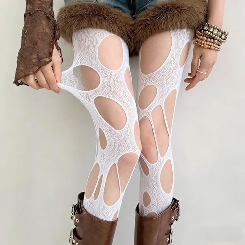 Image of Women's Ripped Fishnet Tights, Irregular Distressed Hole Mesh Stockings, Y2k Lace Sheer Pantyhose