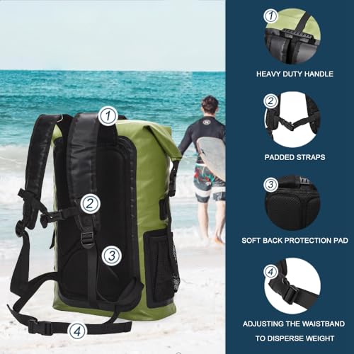 Mochila seca impermeable Blueshyhall 30L, mochila de viaje con cierre enrollable, resistente al agua para kayak, rafting, navegación, pesca, camping y playa - Verde miniatura 2