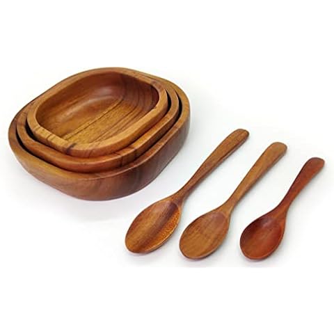BestySuperStore Tiny Nesting Square Wood Bowls Mix Size 6¼”, 5½”, 4½” Stackable Acacia Wooden Bowl Set with 3 spoons for serving salad dip sauce snack rice pasta cereal Decor Tableware Nest Dish Sets Cover
