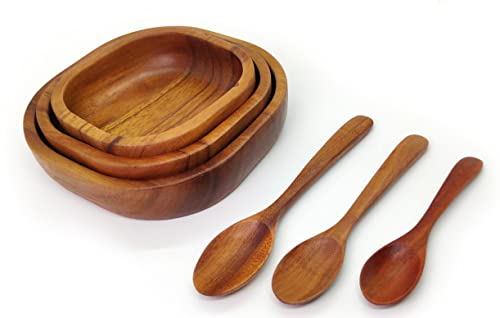 Tiny Acacia Wood Nesting Square Set 3 Serving Bowl 6¼”, 5½”, 4½” Small 3 Wooden Spoon Mix Size Stackable Little Dish For Snack, Nuts, Dip Sauce, Salsa, Small Salad Tableware Wooden Nest Mix Set Bowls #TOP10