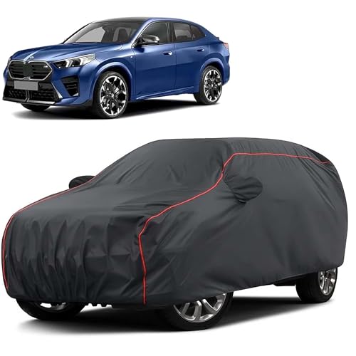 Image of Sulfar 100% Water Resistant Car Body Cover Compatible with Mirror for BMW X2 (Triple Stitched, Full Bottom Elastic, Dark Grey Taffeta with Red Piping)