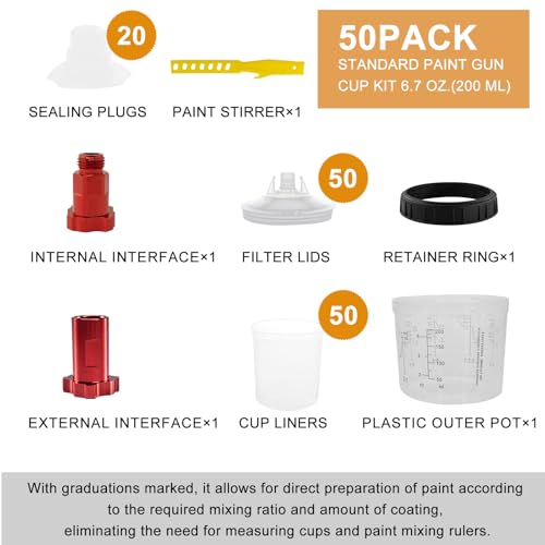 Image of RRJ Disposable Paint Cup Automotive Spray Gun Paint System, for LVLP /HVLP Spray Gun Kit 6.7 Ounce(200ML) Mixing Cups with 50 Liners and Lids, 1 Hard Cup with Retainer Ring, 2 Adapter, Stirrer