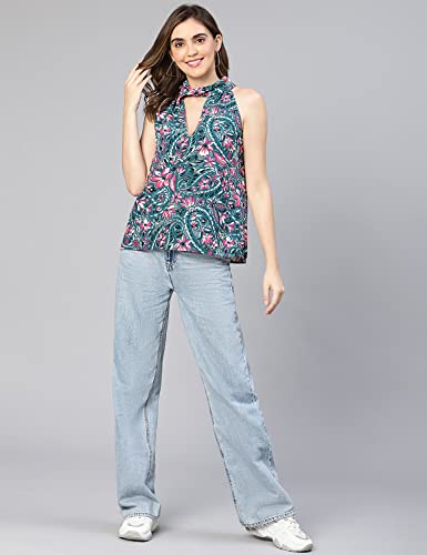 Image of oxolloxo Women Floral Print Key Hole Neck Polyester Top