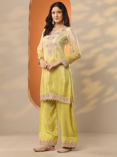 Image of Libas Embroidered Crepe Straight Kurta With Trousers and Dupatta | ethnic wear | bridal suit | wedding dress | occasion wear