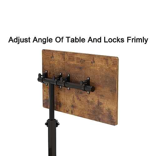 TigerDad Brown T-Shape Overbed Table with Wheels, Adjustable Tiltable Laptop Stand Desk, 15.7x13.7x23.6 inches, 22 lbs Load Capacity