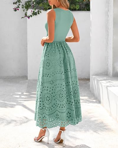 dowerme Women Summer Dresses 2026 Casual Sleeveless Crewneck A-Line Boho Lace Eyelet Cotton Tank Maxi Dress with Pockets(Bean Green,X-Large) — view 5
