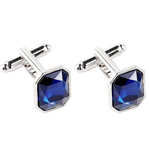 Image of 2 PCS Silver Cufflinks for Men with Blue Stone, Mens Cufflinks for Classic Square Deep Blue, Shirt Accessories Cuff Links Mens Suitable for Dating and Party Occasions
