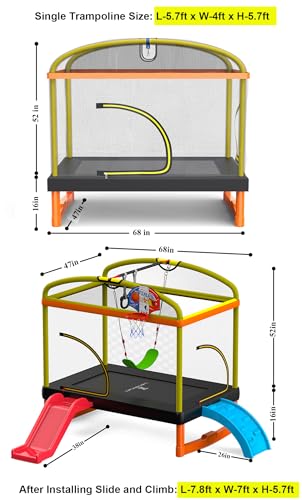 LANGXUN 6.5Ft 7-in-1 Rectangle Trampoline for Kids, with Climb, Slide, Swing, Basketball Hoop, Multi-Functional Indoor Outdoor Baby Toddler Mini Trampoline for Girls and Boys Birthday Gift, Age 1-10