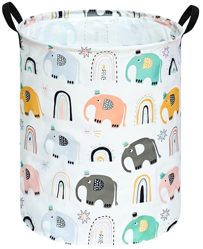 Image of Round Rainbow elephant Pattern Laundry Hamper Clothes Storage Basket Fabric Storage Hamper Organization Storage Bin, Nursery Box,Gift Basket with Handles