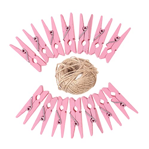STOBAZA 100pcs Mini Wooden Clothespins with Twine Decorative Clips for Photos Crafts and Artwork Pink Natural Photo Holders Sturdy Multi-Functional