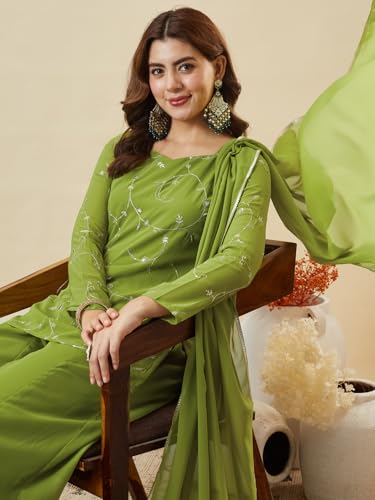 Image of MOKOSH Women's Georgette Short Kurti Palazzo with Dupatta | Short Kurti Set |Ethnic Kurta Set for Women | Sweetheart Neck Full Sleeve | Indian Kurta Outfit With Palazzo Pants
