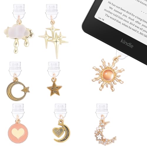 TAKEALOOKO Star Moon Dust Plug Charm - 8 Pcs Pendants for Kindle Type C/USB C Charging Port Protector, Cute Pendant Gift for E-Reader Book Lover Women Teachers Students Accessories
