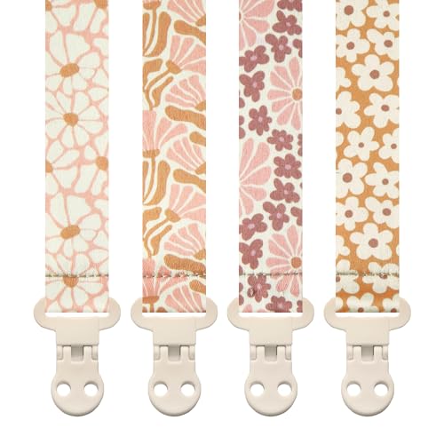Image of Stadela Baby Pacifier Clip Holder - Girl 4 Pack Gift Set – Boho Modern Pink and Beige Flowers Floral (Nolana)