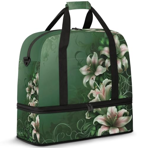 Large Weekender Overnight Bags Green Floral Flower Travel Duffel Bag for Women Men Gym Bag With Shoe Compartment Foldie Travel Tote Bag Carry On Personal Item Bag for Travel Gym Sports