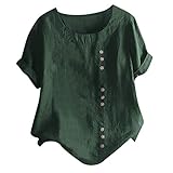 heavKin-Summer Women's Ladies Plus Size Cotton Linen O-Neck 3/4 Short Sleeve Solid Color Button Tee Casual Tops Shirts T-Shirt Blouse (Green, XXL)