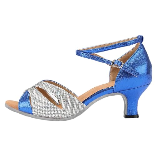 Mujer Interior Suela 5.5cm Tacón Medio Moda Cómodos Zapatos de Baile Latino Zapatos Brillo Zapatos Niños Mujer, azul, 38 EU