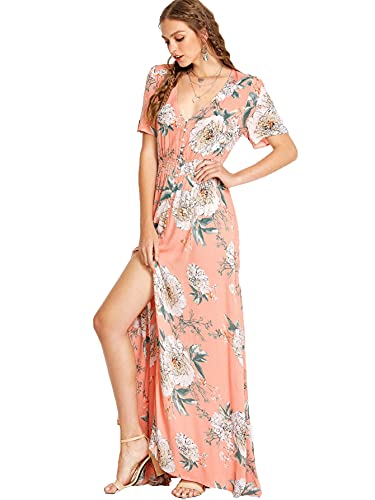 Milumia Women Floral Print Flowy Short Sleeves Button Down Split Long Maxi Dress Pink XX-Large