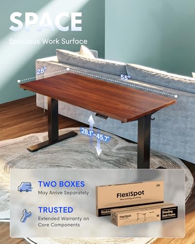 Image of FLEXISPOT EN1 One-Piece Standing Desk, Electric Adjustable with 4 Memory Presets, 176 LBS Capacity, Stable & Quiet, Seamless Desktop for Home Office & Dual Monitors, 55 inchx28 inch Mahogany